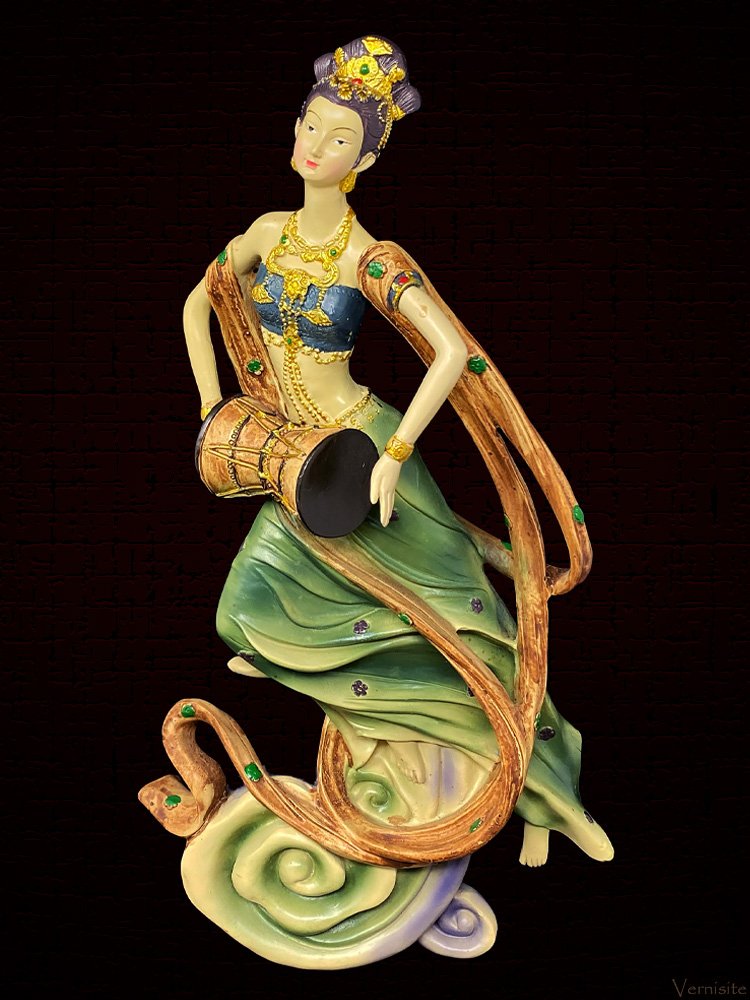 Asian Dancing Lady with Drum Statue - Ancient Musician Figure