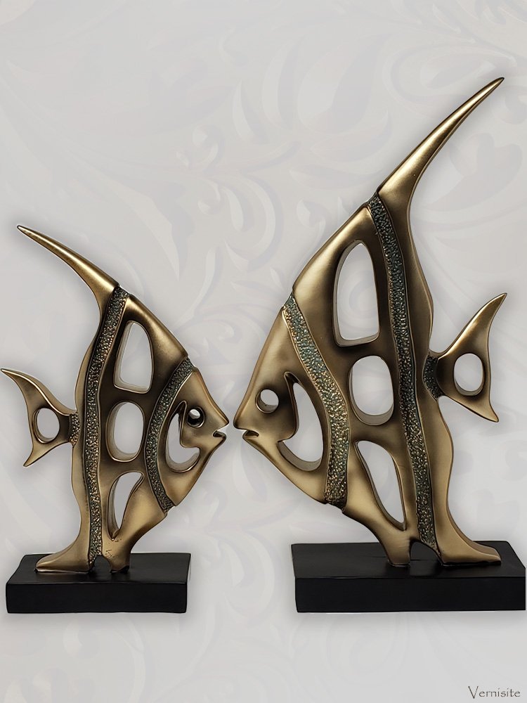 Elegant Gold Angelfish Statues - Abstract Fish Sculptures