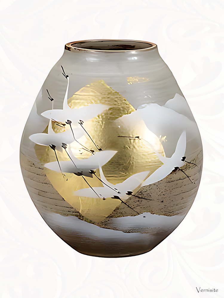Japanese Vase Painted Gold Leaves and Flying Cranes - Gift