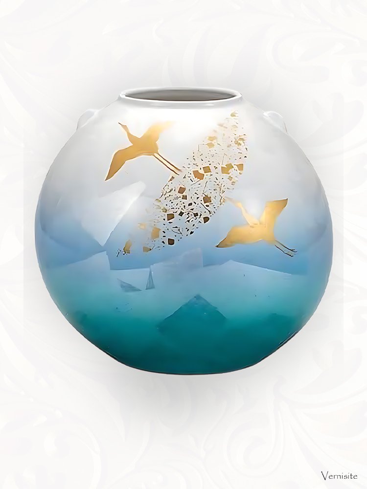Silver vase painted with gold cranes over blue mountains - Gift