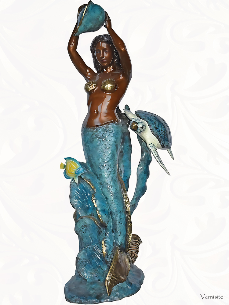 VAM - Bronze Statue of Mermaid Holding a Shell Fountain With Turtle
