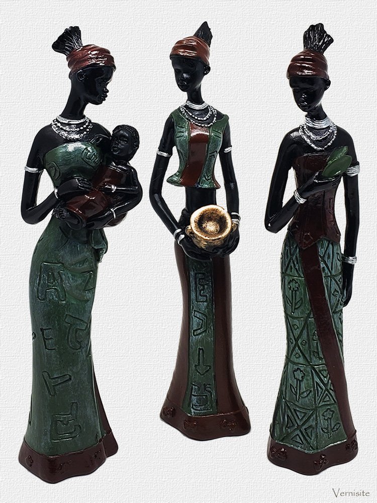 Handcrafted African Women Figurines Set | 3-Piece Ethnic Doll Carving Statues for Cultural Home Decor