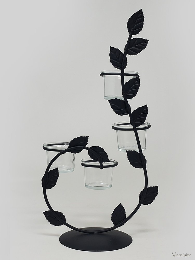 Elegant Black Metal Tree Sculpture & Candle Holder | Artisan Leaf Statue