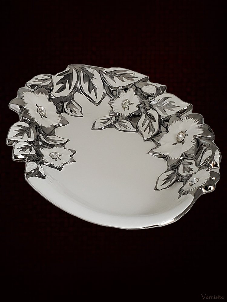 Handcrafted White Porcelain Display Plate with Silver Floral Trim | Elegant Decorative Serving Tray