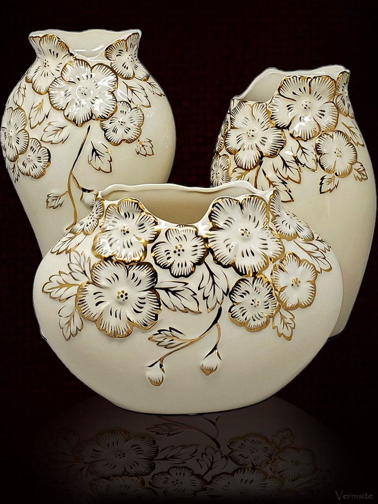Elegant Gold and White Ceramic Vase Set | Modern Curved Floral Pottery Decor