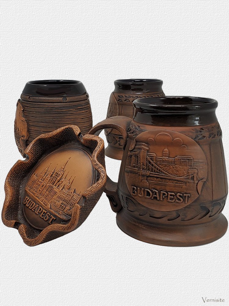 Handcrafted European Ceramic Beer Mug Set | 4-Piece Rustic Barware Collection with 3 Steins and Matching Ashtray
