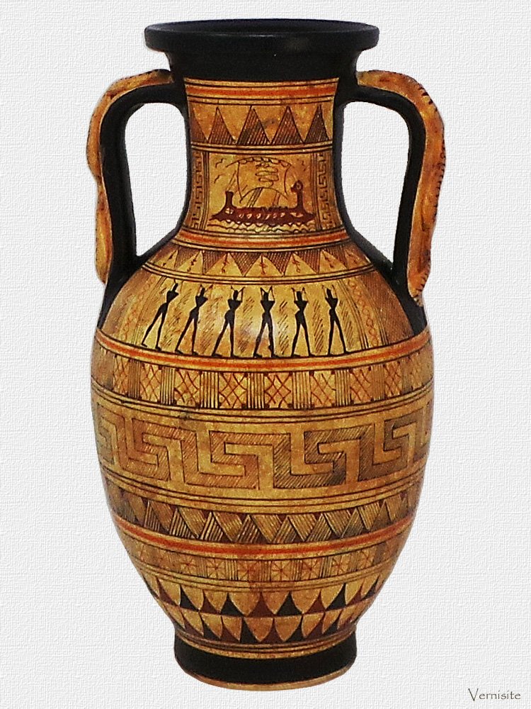 Handcrafted Greek Ceramic Amphora Vase with Snake Handles | Geometric Ancient Greek Decorative Art