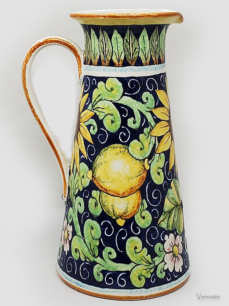 Hand-Painted Italian Ceramic Pitcher | Tuscan Sunflower and Lemon Utensil Holder and Serving Jar