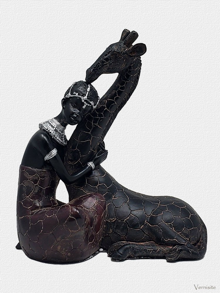 Man and Giraffe Connection Statue | African Tribal Animal Resin Figurine