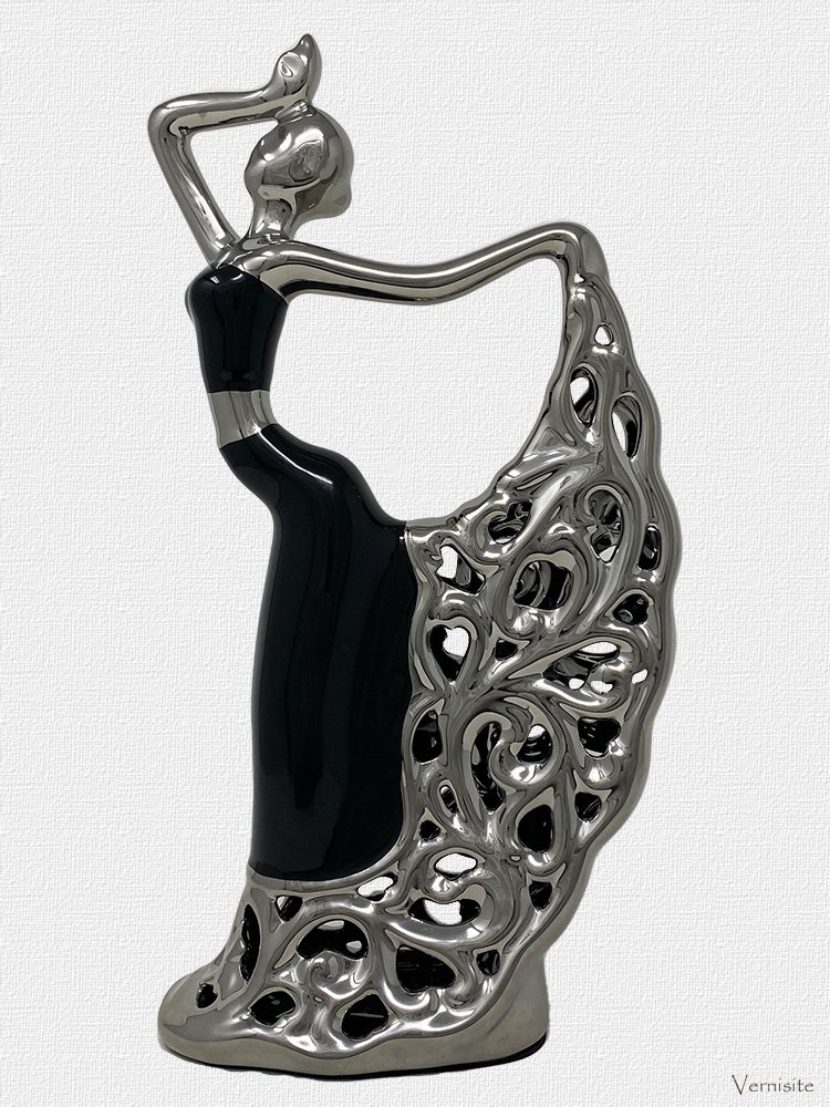 Silver and Black Spanish Dancer Statue | Elegant Peacock Dancing Lady Figurine