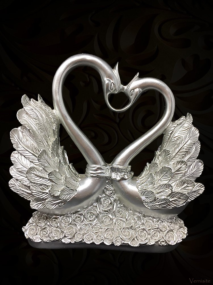 Silver Swan Couples Wedding Sculpture | Elegant Resin Love Figurine Set