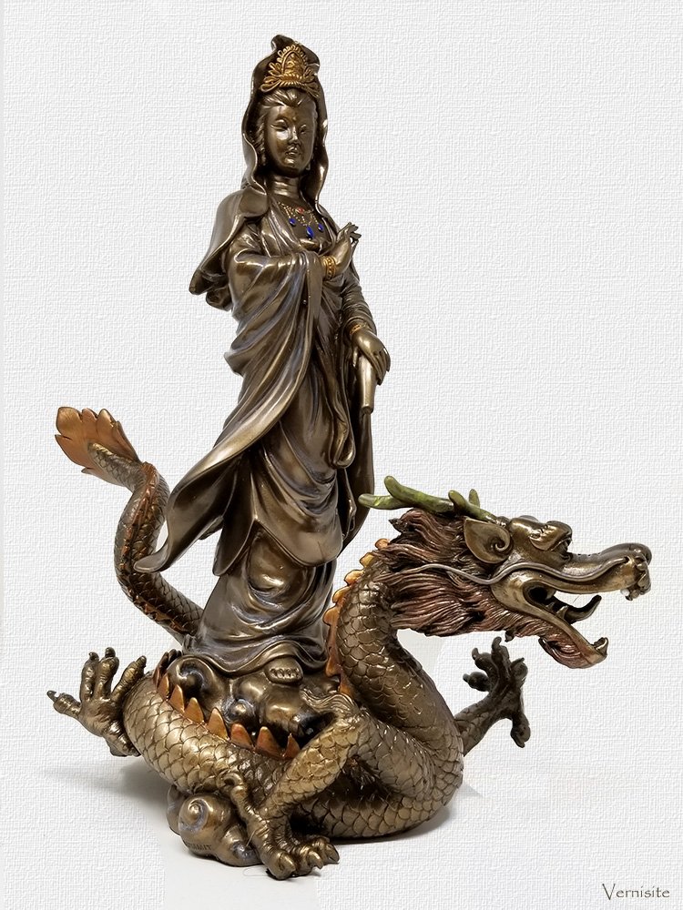 Quan Yin Standing on Chinese Dragon Statue | Handcrafted Compassion & Protection Sculpture