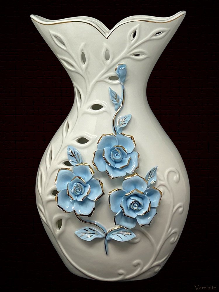 White Ceramic Vase with 3D Blue Flowers | 12.5" Elegant Floral Home Decor
