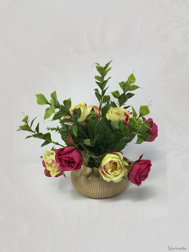 Vibrant Red and Yellow Artificial Rose Arrangement | Vernisite Decorative Vase