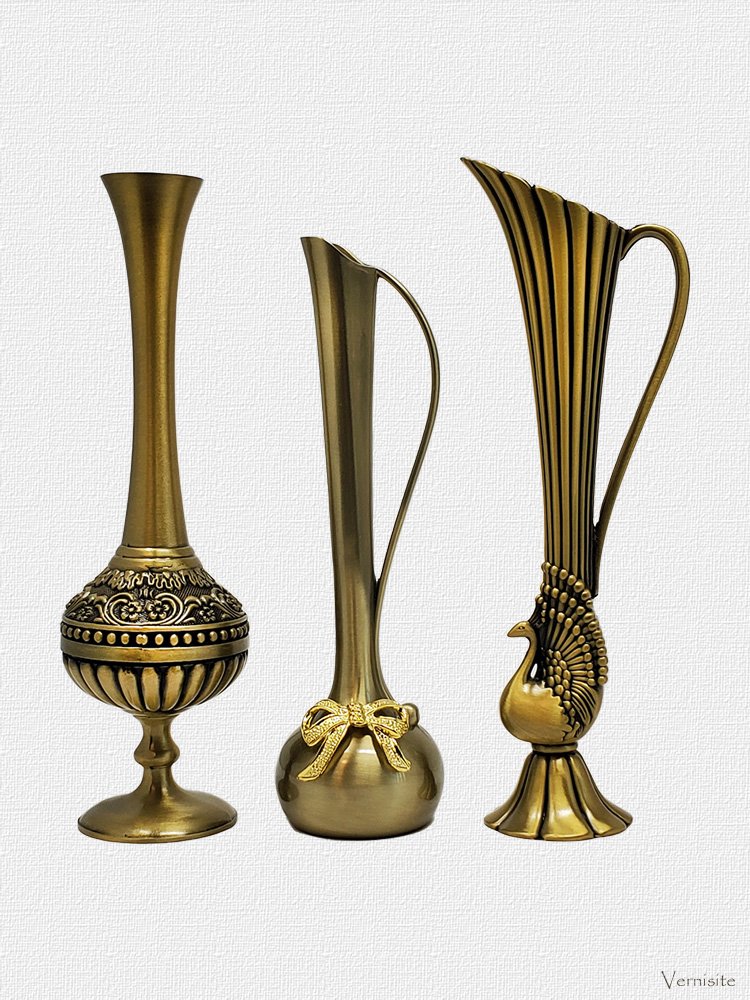 Set of 3 Vintage Gold-Bronze Metal Alloy Vases | Handcrafted Peacock, Ellipse & Papion Tabletop Jars