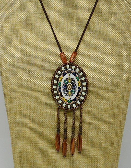 Nepal Artisanal Leather & Stone Necklace | Handcrafted Vintage Round Pendant - Image 7
